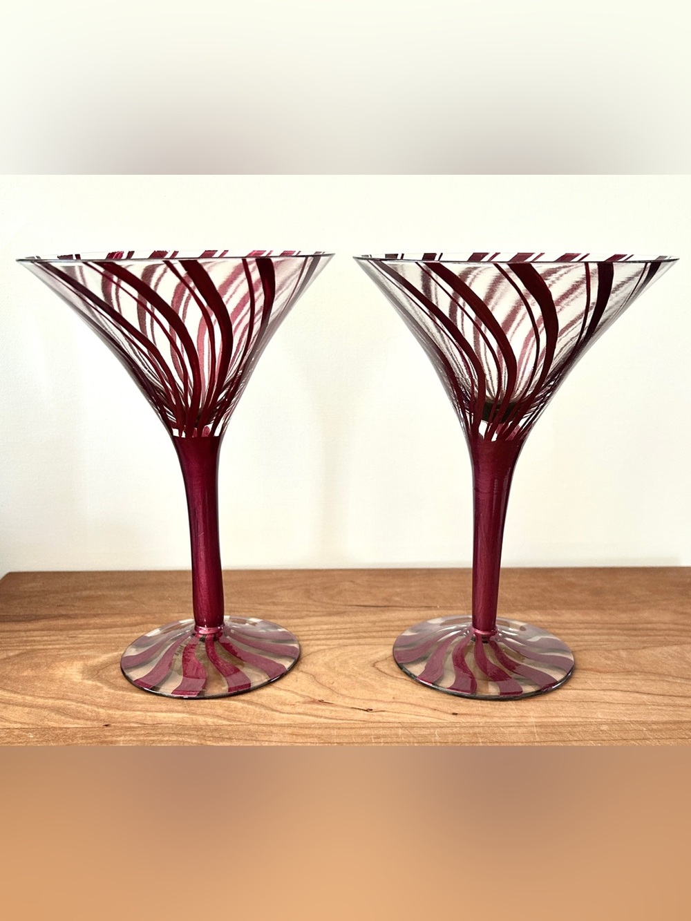 Epic Brand Hand Painted Tall Martini Glass Plum Stripe Boxed 7” SET OF 2 *RARE